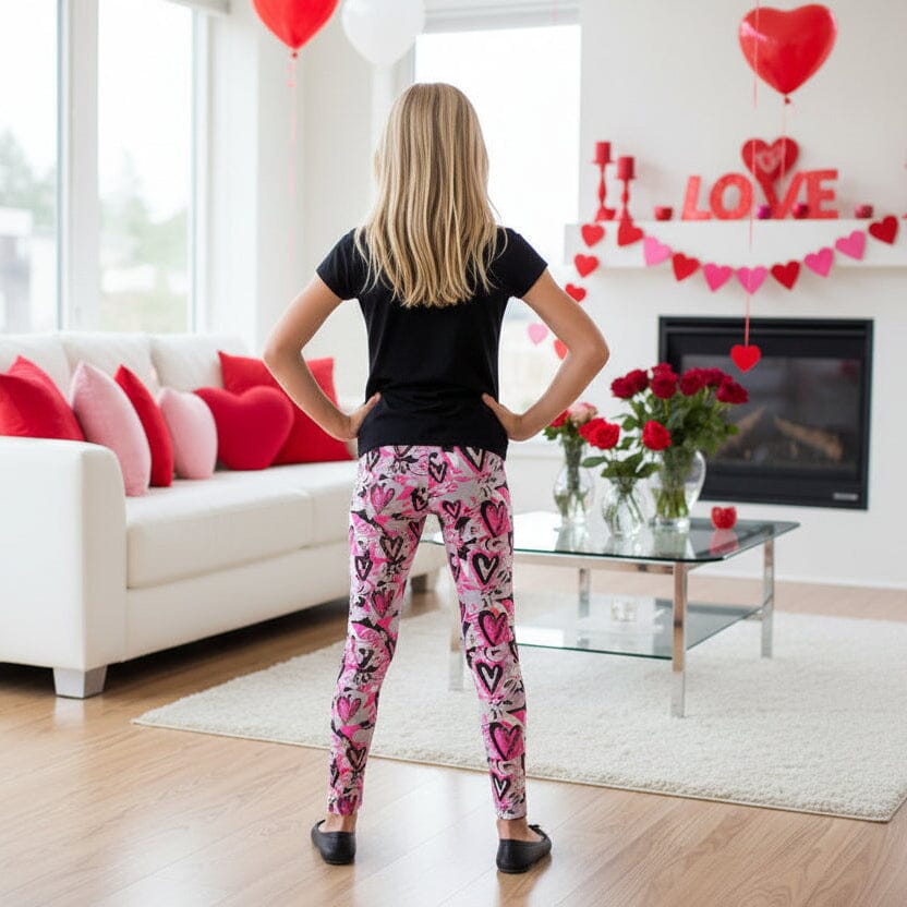 Girls Valentines Day Leggings - High Waisted - Buttery Soft - Gray/Pink - Heart Leggings for Kids Leggings MomMe and More 