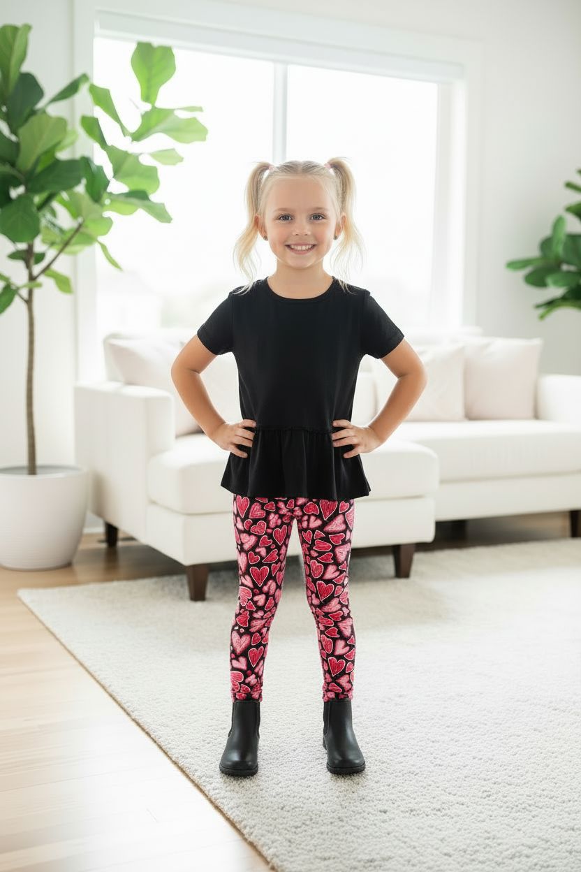 Girls Valentines Day Leggings - High Waisted - Buttery Soft - Pink Doodle Hearts Leggings MomMe and More 