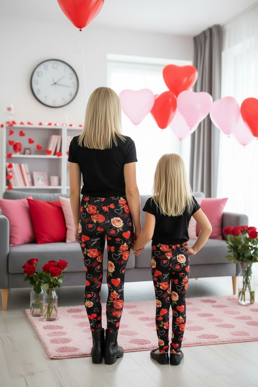 Girls Valentines Leggings - High Waisted - Buttery Soft - Black/Red Leggings MomMe and More 