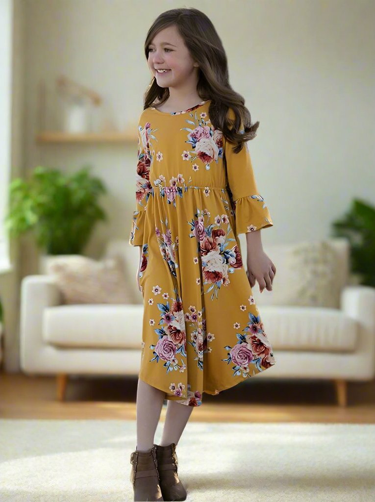girls brown floral dress Autumn Arrival Baby Kids Girls Cute Floral Pattern Long Sleeves Dress –  MyKids-USA® main image 0