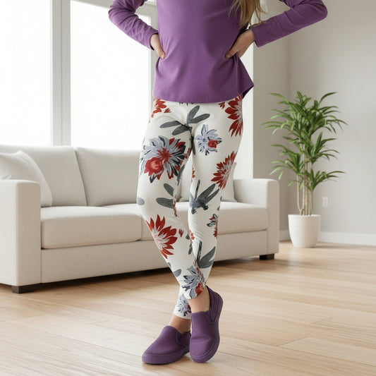Girls Floral Dragonfly Leggings, Kids Yoga Pants, Sizes S/L, No-Roll Waist, White/Red/Purple Leggings MomMe and More 