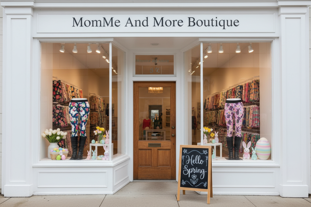 Hello Spring storefront with leg mannequins