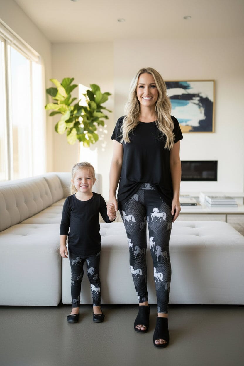 Horse Leggings, High Waisted, Buttery Soft, Black/White, Sizes OS/PLUS Leggings MomMe and More 