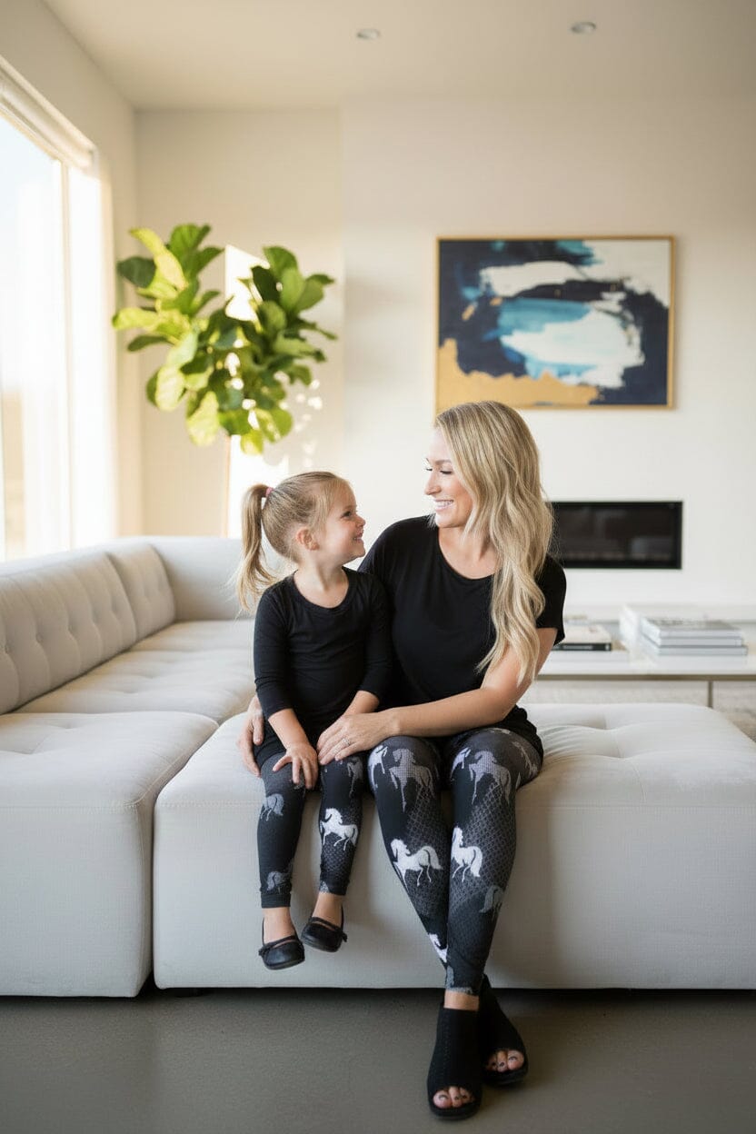 Horse Leggings, High Waisted, Buttery Soft, Black/White, Sizes OS/PLUS Leggings MomMe and More 