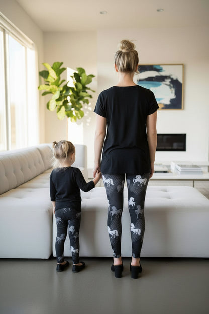 Horse Leggings, High Waisted, Buttery Soft, Black/White, Sizes OS/PLUS Leggings MomMe and More 