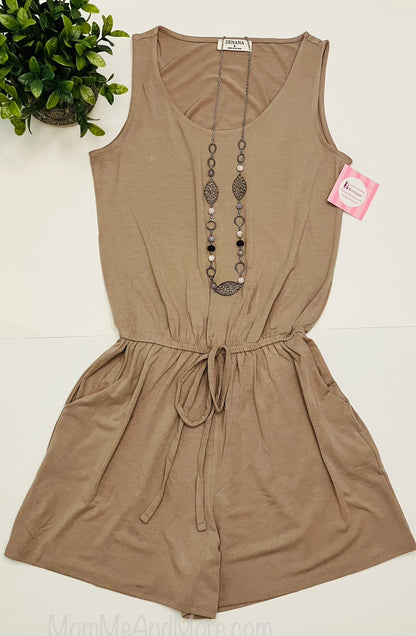 Womens Beige Tank Top Shorts Romper, Sleeveless Tan Jumpsuit: Plus Size Jumpsuit MomMe and More 