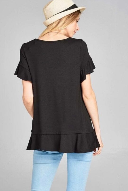 Womens Solid Black Top, V-Neck Ruffle Cap Sleeve & Ruffle Hem Shirt Tops MomMe and More 