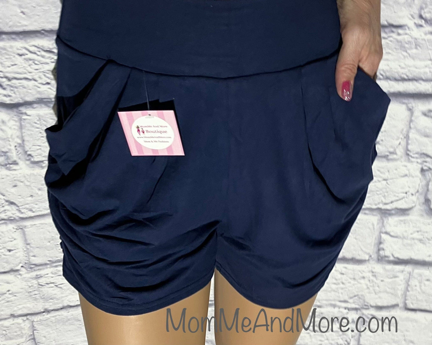 Womens Navy Blue Harem Shorts With Pockets, Yoga Shorts Shorts MomMe and More 