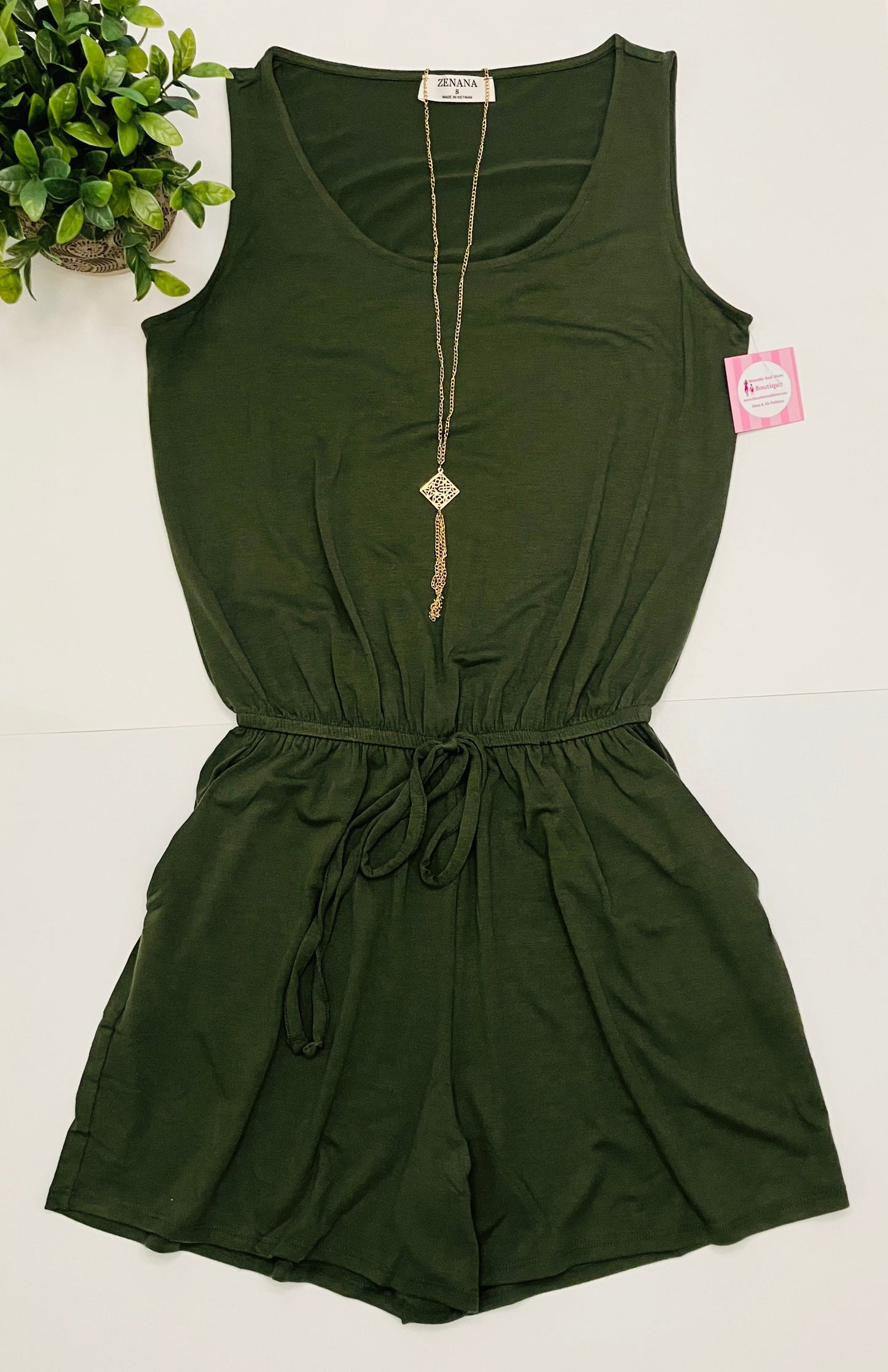 Womens Army Green Tank Top Shorts Romper, Sleeveless Jumpsuit: Plus Size Jumpsuit MomMe and More 