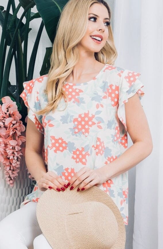 Womens Plus Size Top, Floral Print, Ruffle Cap Sleeve Shirt: Coral/Blue Tops MomMe and More 
