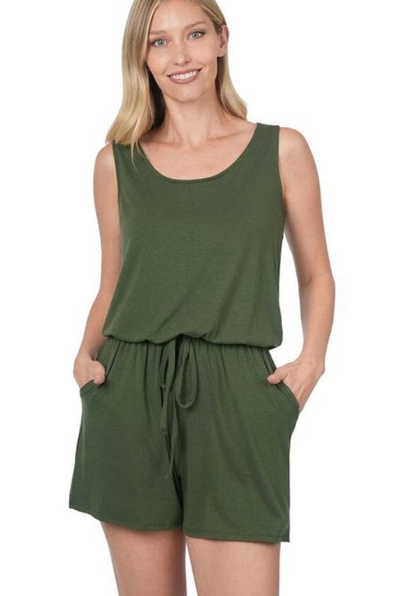 Womens Army Green Tank Top Shorts Romper, Sleeveless Jumper: Plus Size Jumpsuit MomMe and More 