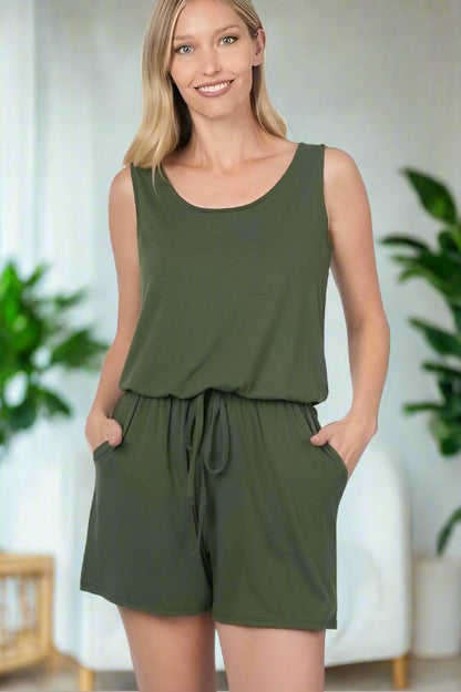 Womens Army Green Tank Top Shorts Romper, Sleeveless Jumpsuit Jumpsuit MomMe and More 