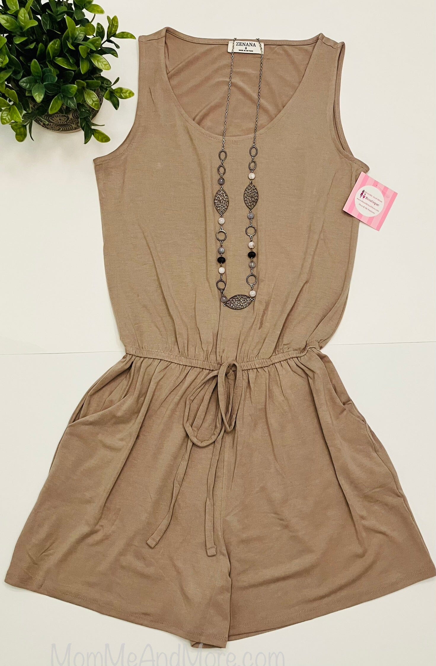 Womens Beige Tank Top Shorts Romper, Sleeveless Tan Jumpsuit Jumpsuit MomMe and More 