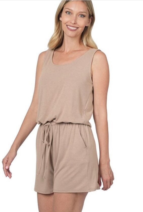 Womens Beige Tank Top Shorts Romper, Sleeveless Tan Jumpsuit Jumpsuit MomMe and More 