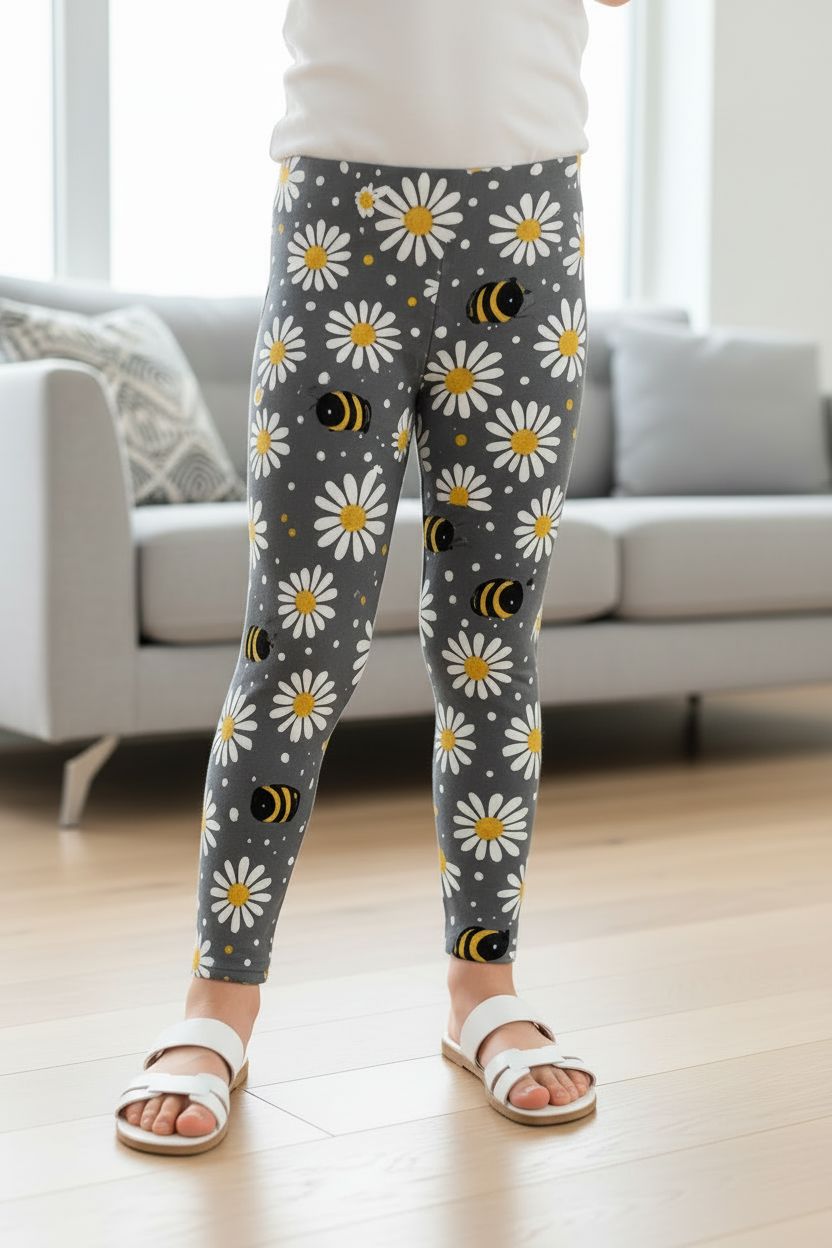 Girls Bee Daisy Leggings - High Waisted - Buttery Soft - Gray/Yellow Leggings MomMe and More S Gray 