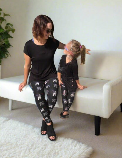 Girls Multi-Breed Small Dog Leggings, Kids Yoga Pants, izes S/L, No-Roll Waist, Black/White Leggings MomMe and More 