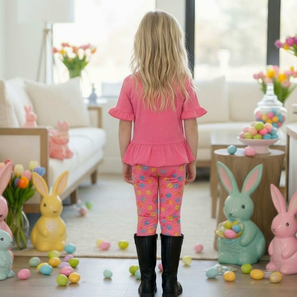 Girls Easter Leggings - High Waisted - Buttery Soft - Pink Leggings MomMe and More 