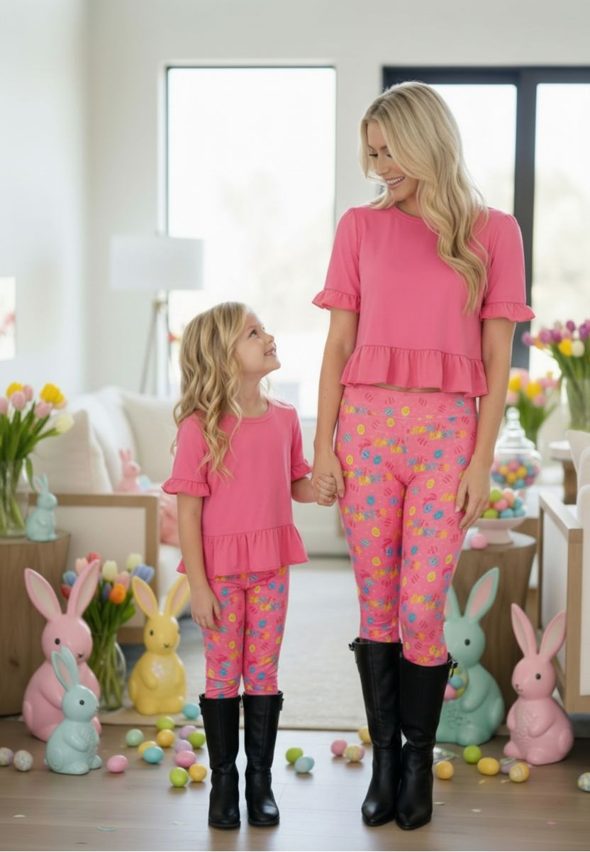 Girls Easter Leggings - High Waisted - Buttery Soft - Pink Leggings MomMe and More 