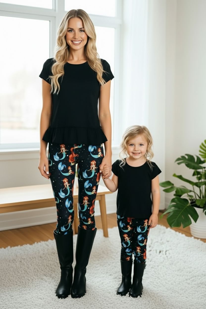 Girls Mermaid Leggings - High Waisted - Buttery Soft - Yoga Pants for Kids - Black/Multi Leggings MomMe and More 