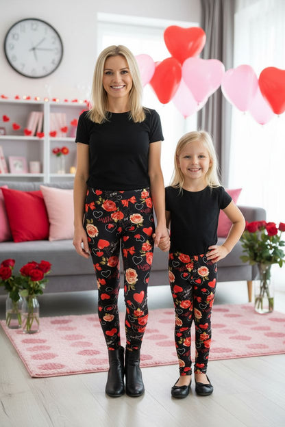Girls Valentines Leggings - High Waisted - Buttery Soft - Black/Red Leggings MomMe and More 