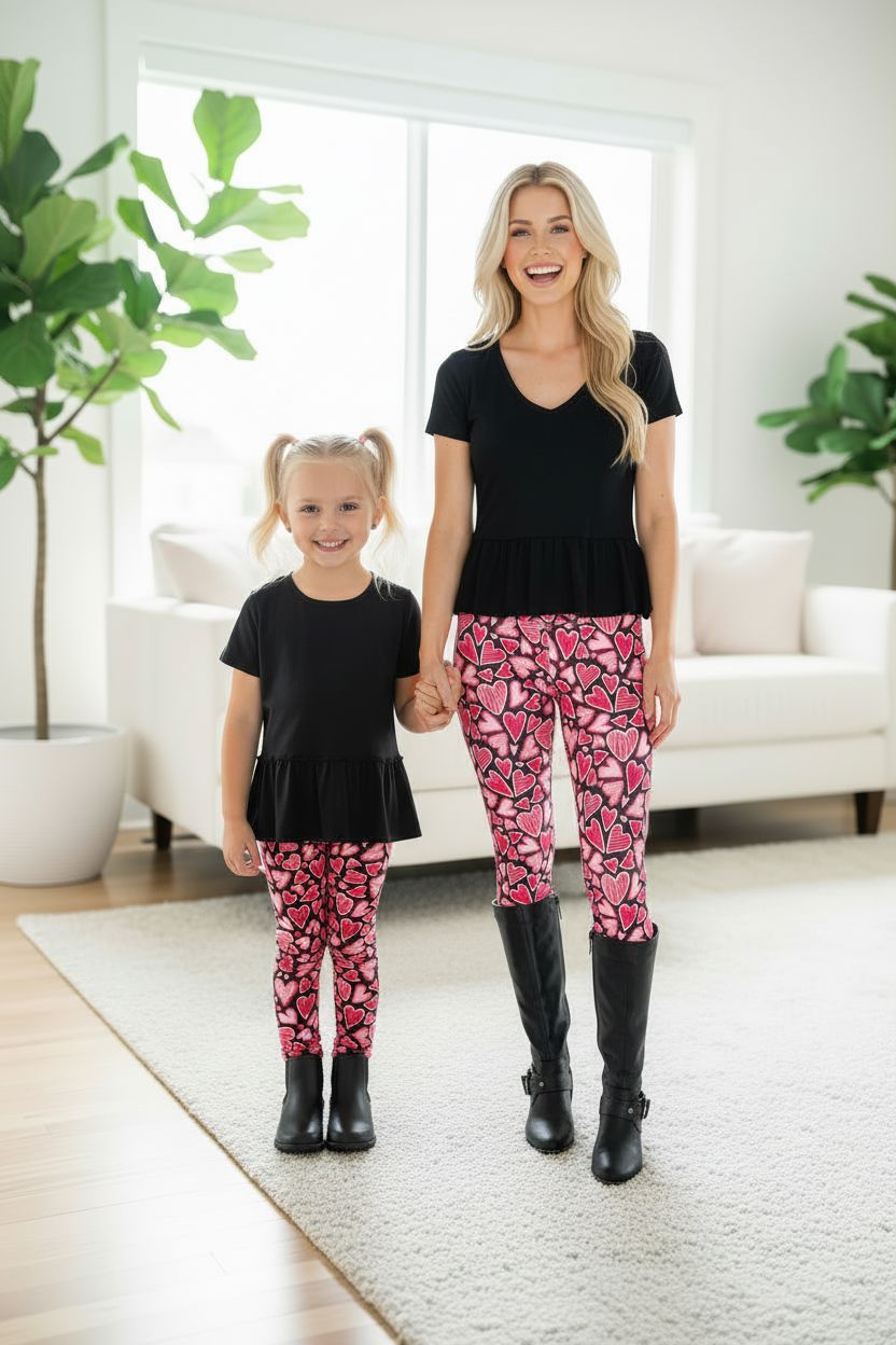 Girls Valentines Day Leggings - High Waisted - Buttery Soft - Pink Doodle Hearts Leggings MomMe and More 