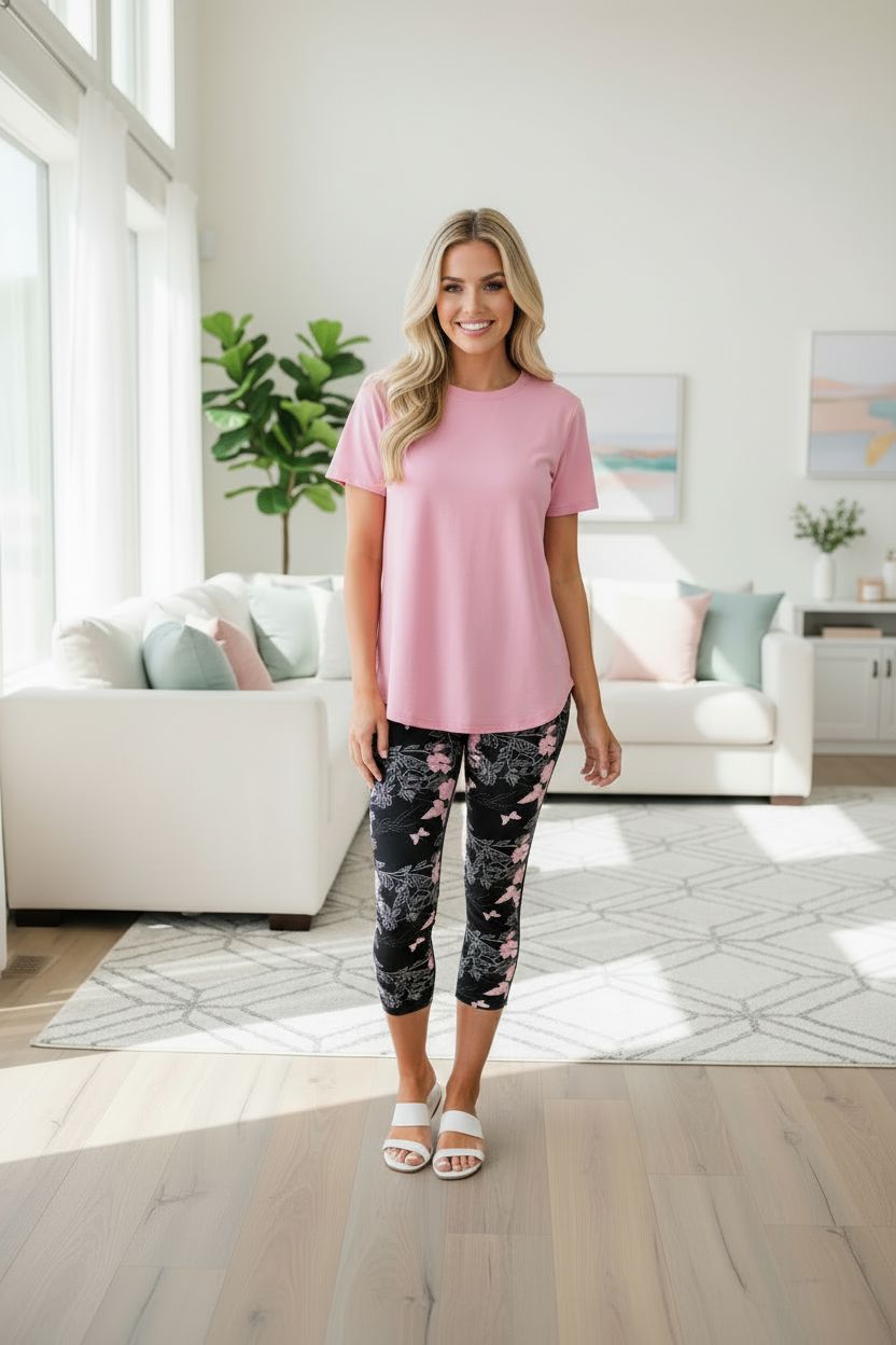 Pink Butterfly Capri Leggings - High Waisted - Buttery Soft - Black/Pink Leggings MomMe and More 