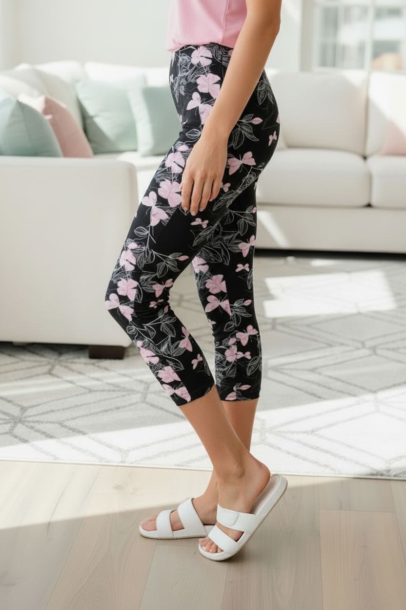 Pink Butterfly Capri Leggings - High Waisted - Buttery Soft - Black/Pink Leggings MomMe and More 