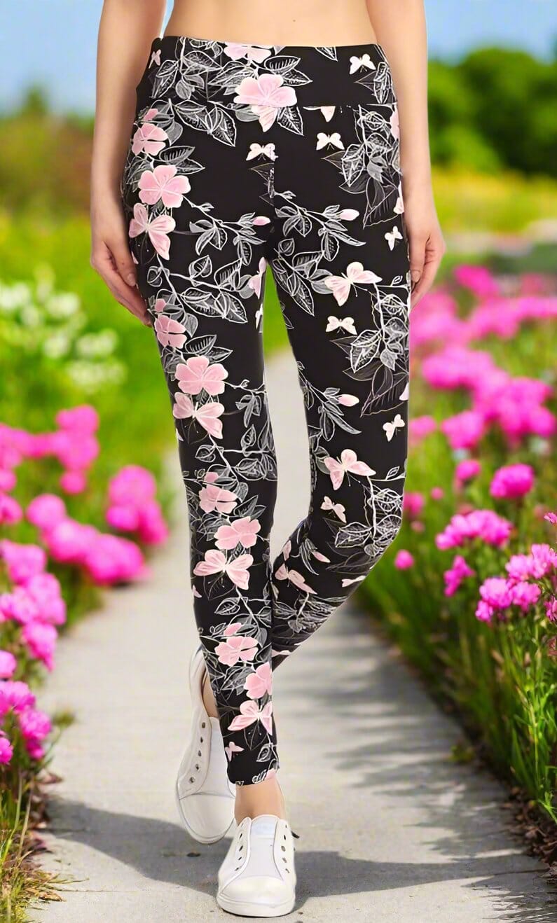 Womens Pink Butterfly Leggings, Soft Yoga Pants, Sizes 0-20, Yoga Waist, Pink/Black Leggings MomMe and More 