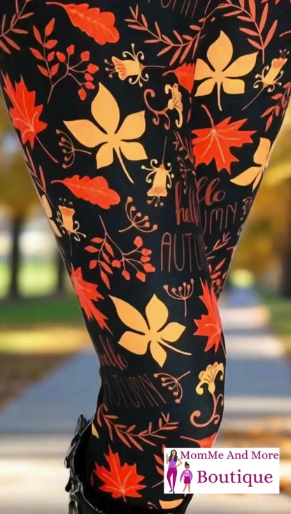 Womens Fall Leaf Leggings - High Waisted - Buttery Soft - Halloween Thanksgiving Leggings- Black/Orange
