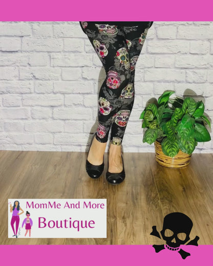 Womens Sugar Skull Leggings, Soft Yoga Pants, Adult Halloween Costume, Plus Sizes 18-22, No-Roll Waist, Black/Pink