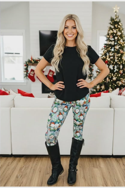 Womens Christmas Gnome Leggings - High Waisted - Buttery Soft - HO HO HO Holiday Lights - Green/Red