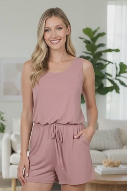 Women's Shorts Romper, Elastic Tie Waist, Side Pockets, Pink, Plus 1xl/2xl/3xl