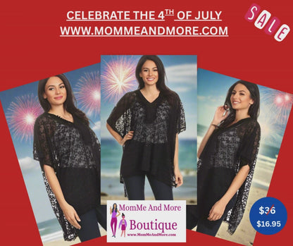 Womens Top – Sheer Lace – Star Print – Swim Cover-Up - Black