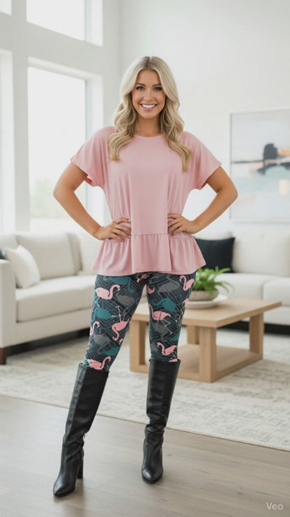 Womens Pink Flamingo Leggings - High Waisted - Luxury Soft Yoga Pants - Gray/Pink