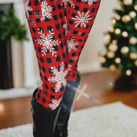 Womens Red Black Plaid Snowflake Leggings from MomMe And More Boutique