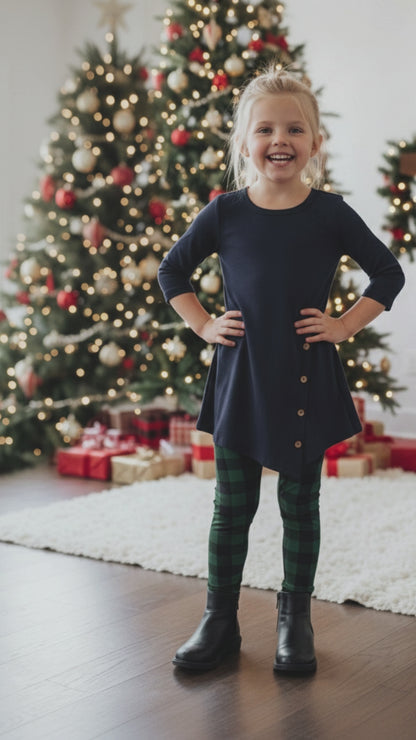 Girls Christmas Green Plaid Leggings - High Waisted - Buttery Soft Yoga Pants - Green/Blue