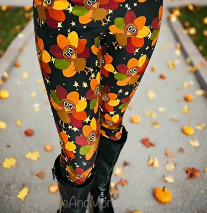 Womens Fall Turkey Leggings - High Waisted - Buttery Soft - Thanksgiving Leggings - Black/Multi