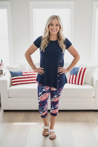 Womens American Flag Capri Leggings - High Waisted - Buttery Soft - 4th of July