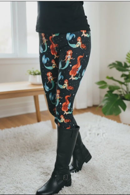 Womens Mermaid Leggings - High Waisted - Buttery Soft Yoga Pants - Black/Multi