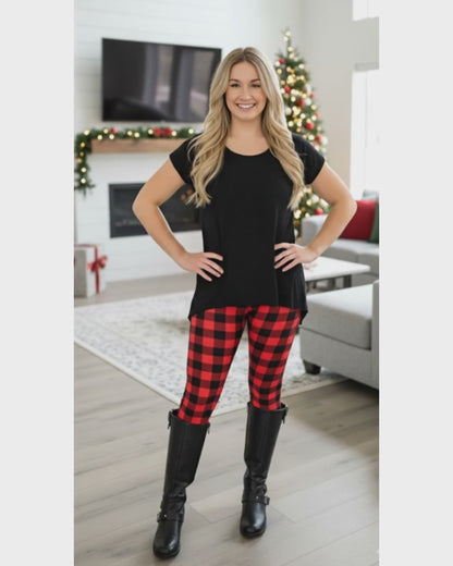 Womens Red Plaid Christmas Leggings - High Waisted - Buttery Soft - Yoga Pants - Red/Black