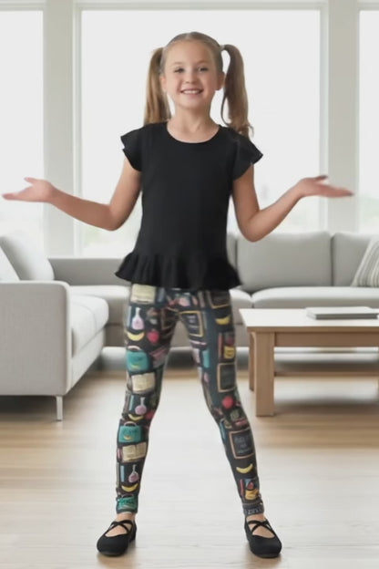 Girls School Theme Leggings - High Waisted - Buttery Soft - Yoga Pants For Kids - Gray/Multi