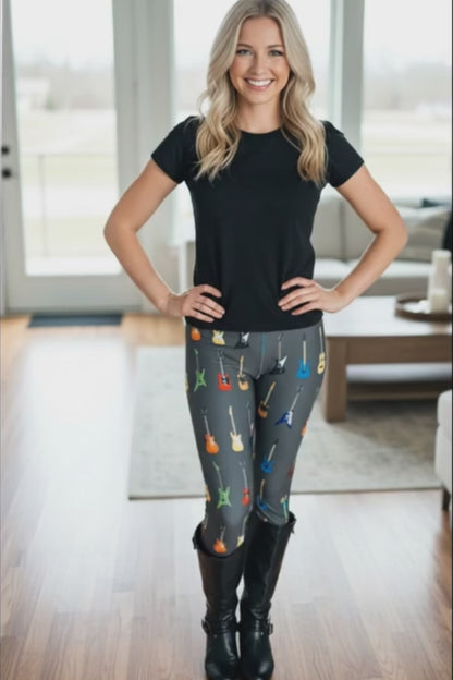 Womens Guitar Leggings - High Waisted - Buttery Soft - Gray/Multi