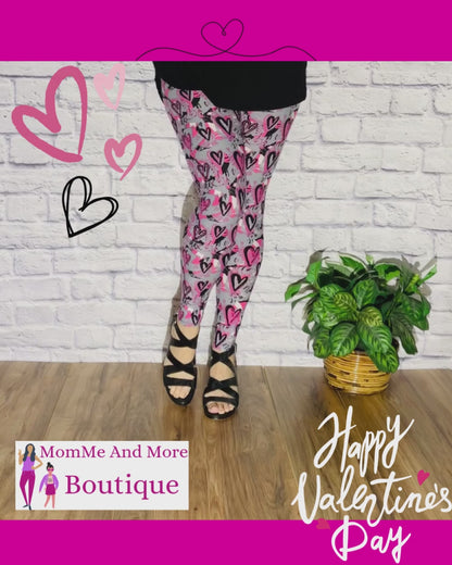 Womens Valentines Day Heart Leggings, Soft Yoga Pants, Sizes 0-20, Pink/Gray, Yoga Waist