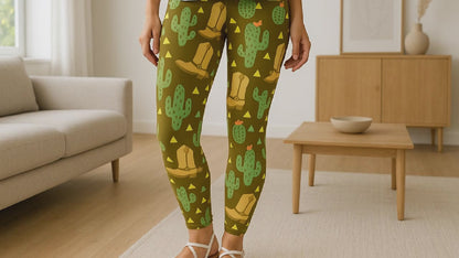 Womens Western Cactus Boots Leggings - High Waisted - Buttery Soft - Brown/Green