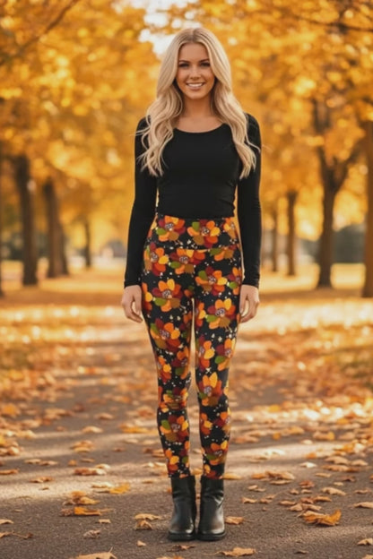 Womens Turkey Leggings - High Waisted - Buttery Soft - Thanksgiving Leggings - Black/Multi