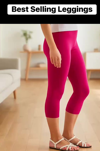 Womens Pink Capri Leggings - High Waisted - Buttery Soft - Solid Pink