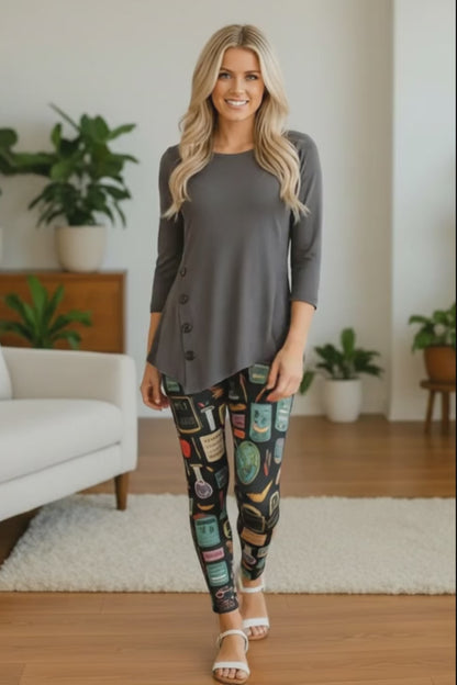 Womens School Teacher Leggings - High Waisted - Buttery Soft - Yoga Pants - Gray/Multi