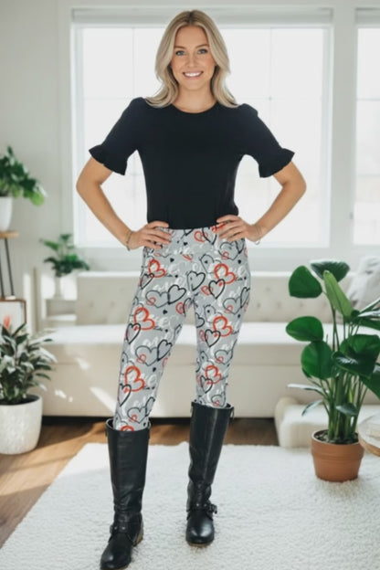 Womens Valentines Day Leggings - High Waisted - Buttery Soft Yoga Pants - Gray Hearts