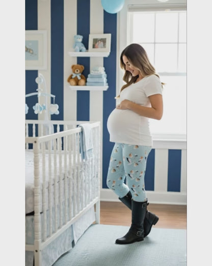 Womens Blue Stork Leggings - High Waisted - Buttery Soft - Baby Boy Mom Gift Idea