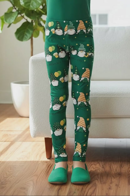 Girls St. Patrick Day Gnome Leggings - High Waisted - Buttery Soft Yoga Pants for Kids - S/L